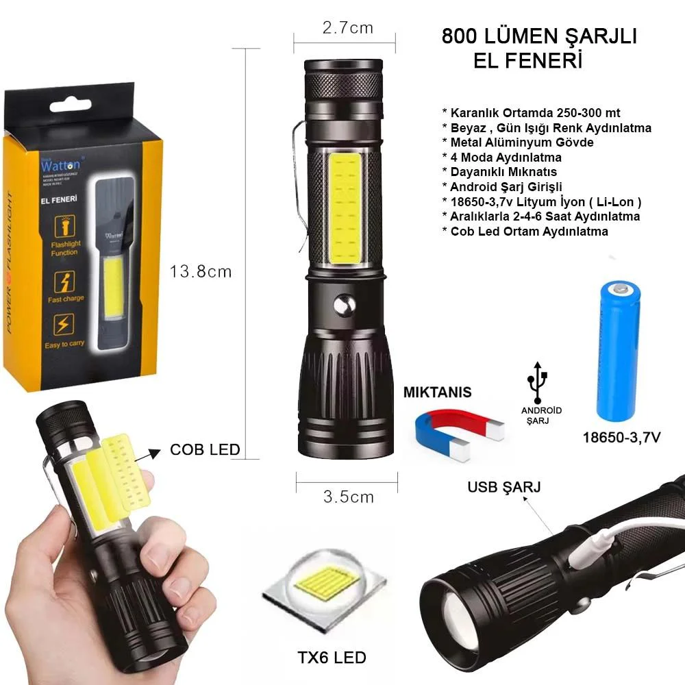 Uzun Menzilli Mıknatıslı El Feneri Wt-602 - 300m Menzil, Şarj Edilebilir, 4 Mod Fiyatı, Yorumları ve Özellikleri