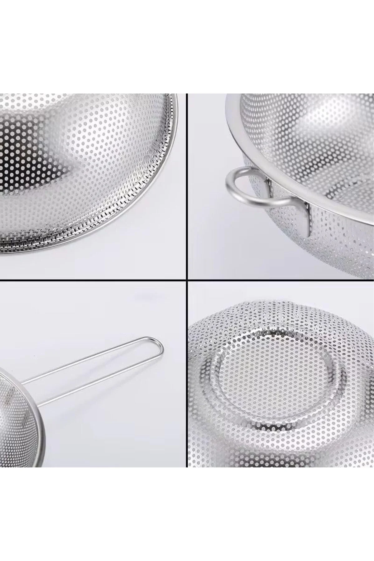 Uzun Saplı Paslanmaz Metal Süzgeç – Makarna, Sebze ve Meyve Yıkam