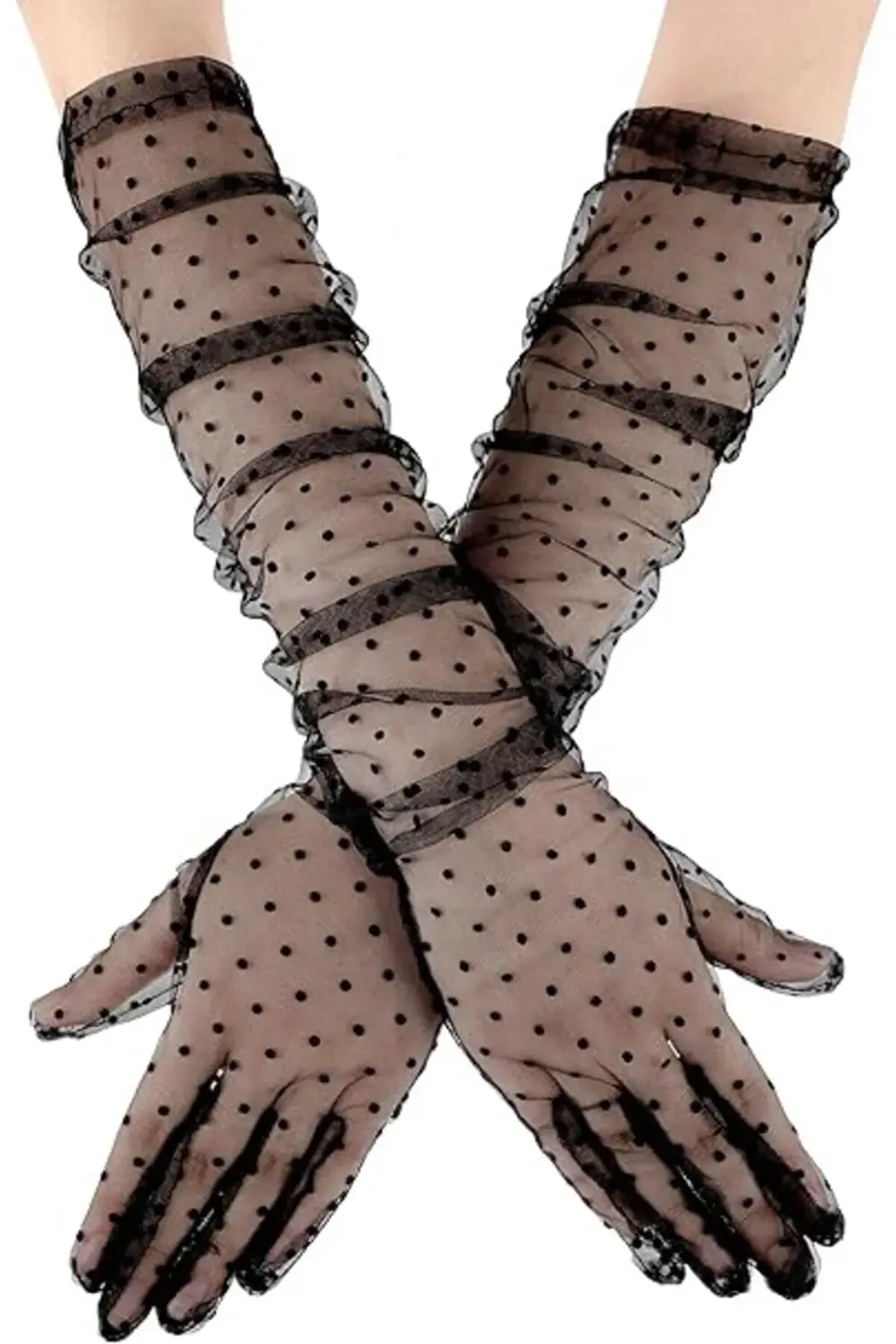 Uzun Siyah Puantiyeli Yetişkin Tül Eldiven