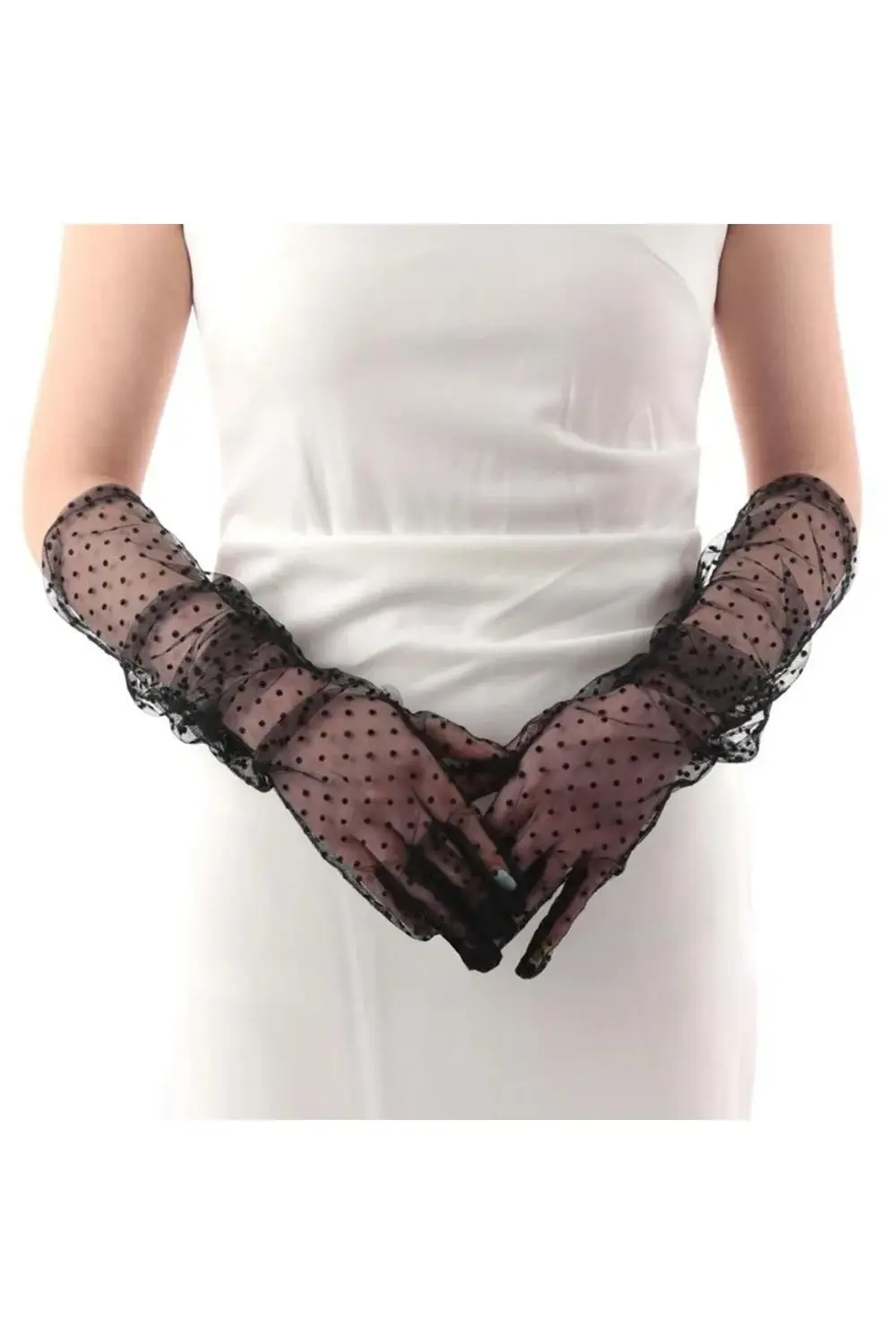 Uzun Siyah Puantiyeli Yetişkin Tül Eldiven