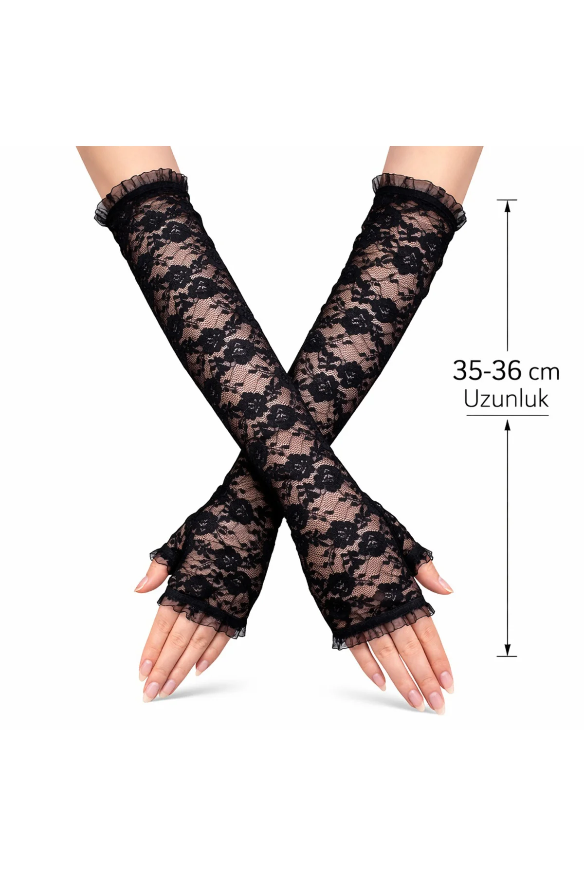 Uzun Zarif Dantel Eldiven Parmaksız Siyah 35 cm