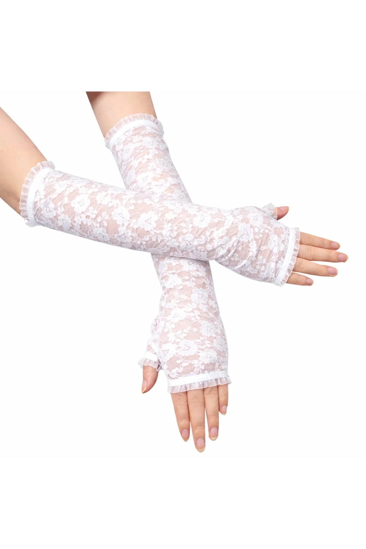 Uzun Zarif Dantel Eldiven Parmaksız Beyaz 35 Cm - Görsel 2