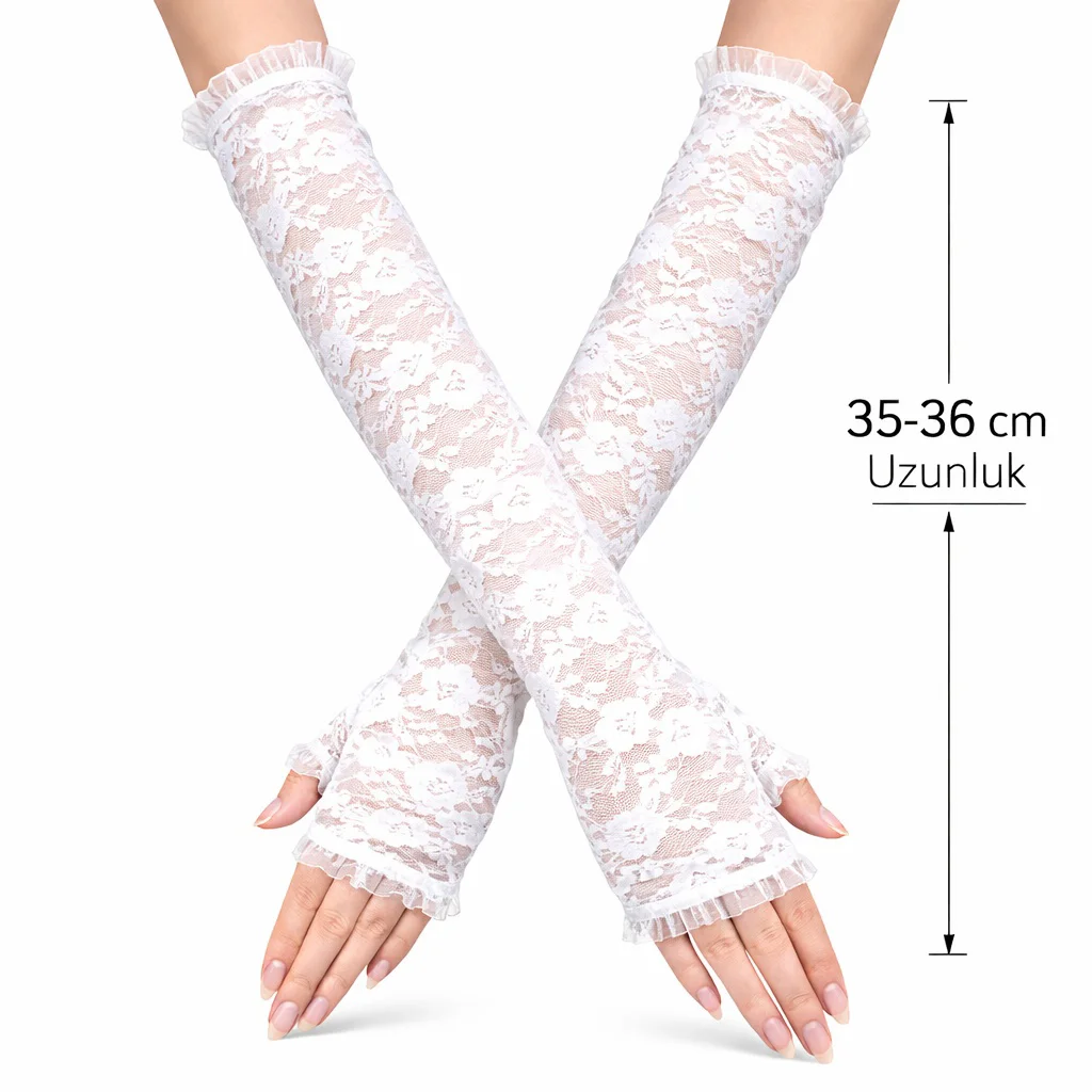 Uzun Zarif Dantel Eldiven Parmaksız Beyaz 35 cm (4741)