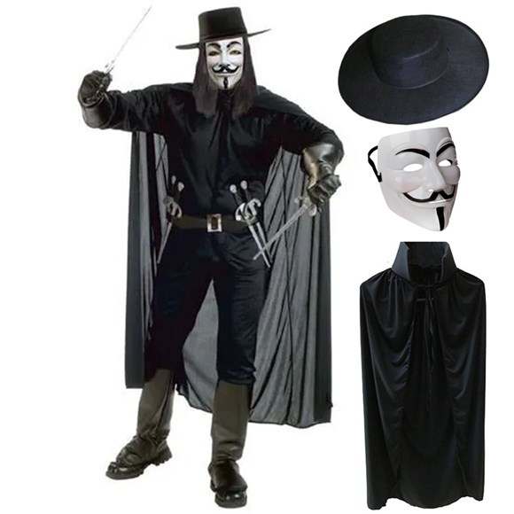 V For Vendetta Maskesi Şapkası ve Pelerin Kostüm Seti Yetişkin Bo V For Vendetta Maskesi Şapkası ve Pelerin Kostüm Seti Yetişkin Bo
