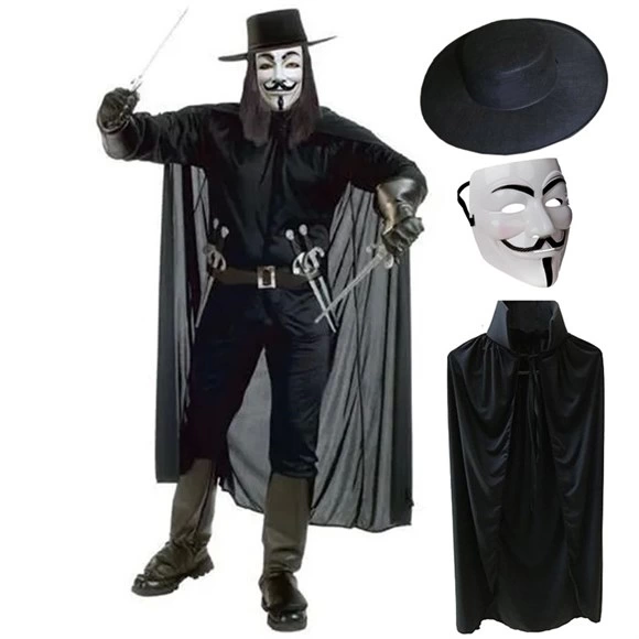V For Vendetta Maskesi Şapkası Ve Pelerin Kostüm Seti Yetişkin Bo