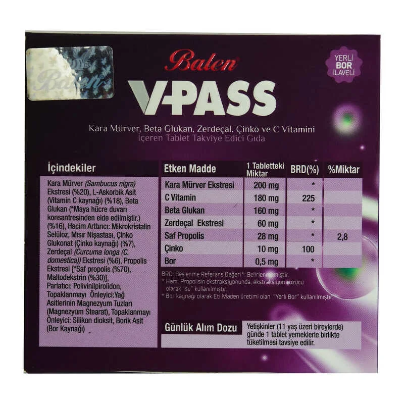 V-Pass Kara Mürverli Zerdeçallı Çinko ve C Vitaminli 1000 Mg 30 Tablet Fiyatı, Yorumları ve Özellikleri