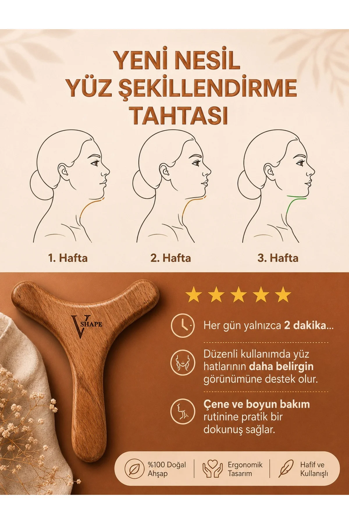 V Shape Yüz, Gıdı, Boyun, Sarkma ve Kırışıklık Bakımı Masaj Tahtası – Ahşap Yüz Masaj Aleti, Çene Hattı Fiyatı, Yorumları ve Özellikleri