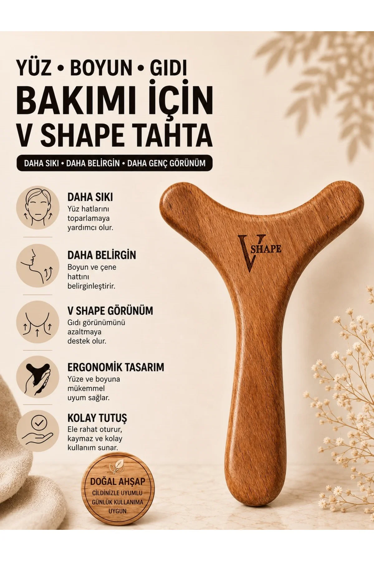 V Shape Yüz, Gıdı, Boyun, Sarkma ve Kırışıklık Bakımı Masaj Tahtası – Ahşap Yüz Masaj Aleti, Çene Hattı Fiyatı, Yorumları ve Özellikleri
