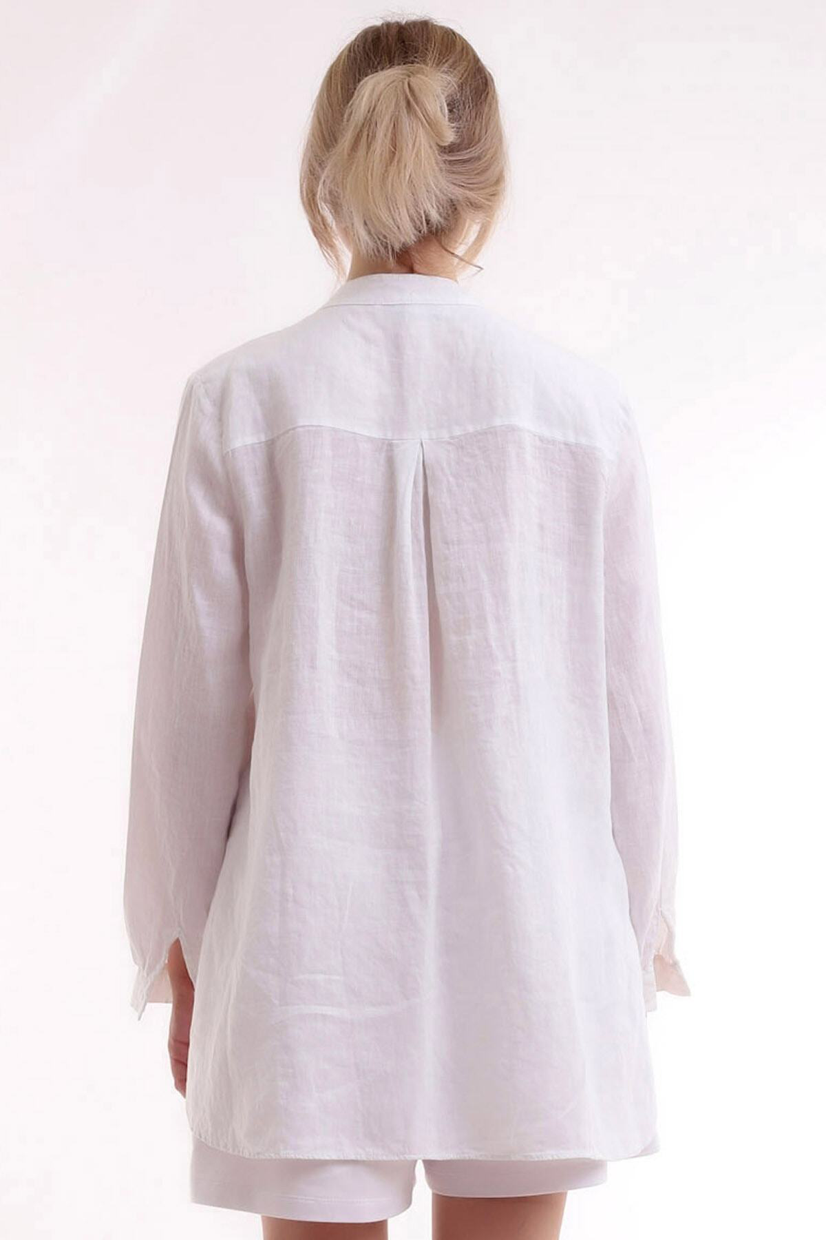 V Yaka Göğüs Dekolteli Uzun Kol Salaş Bluz