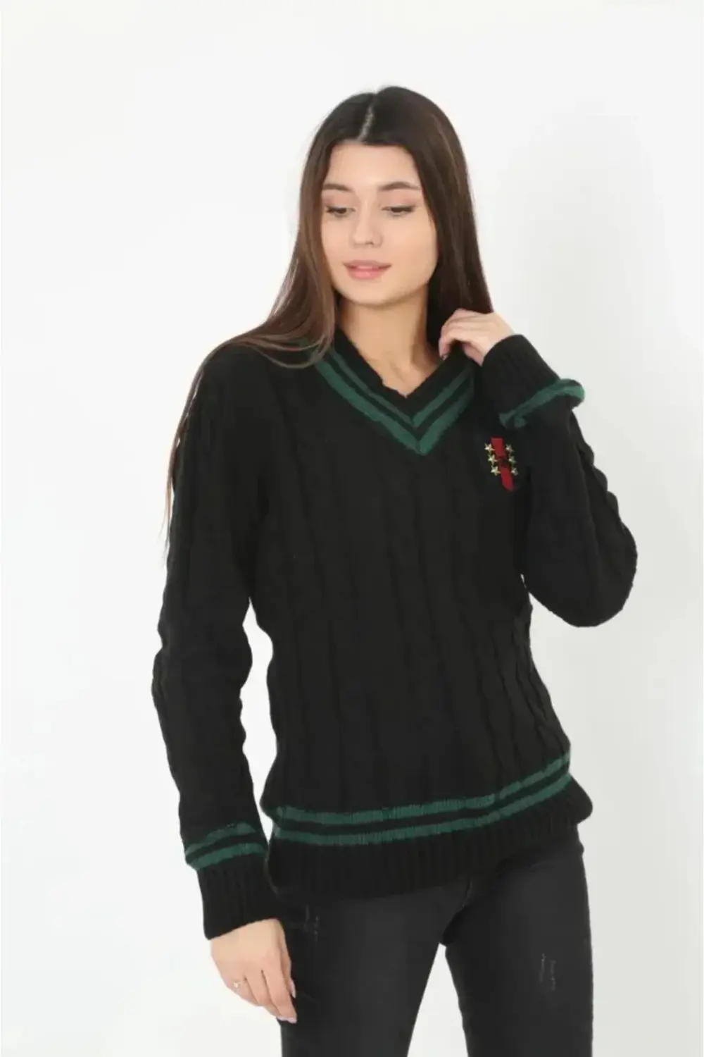 V Yaka Örgülü Kazak - Siyah