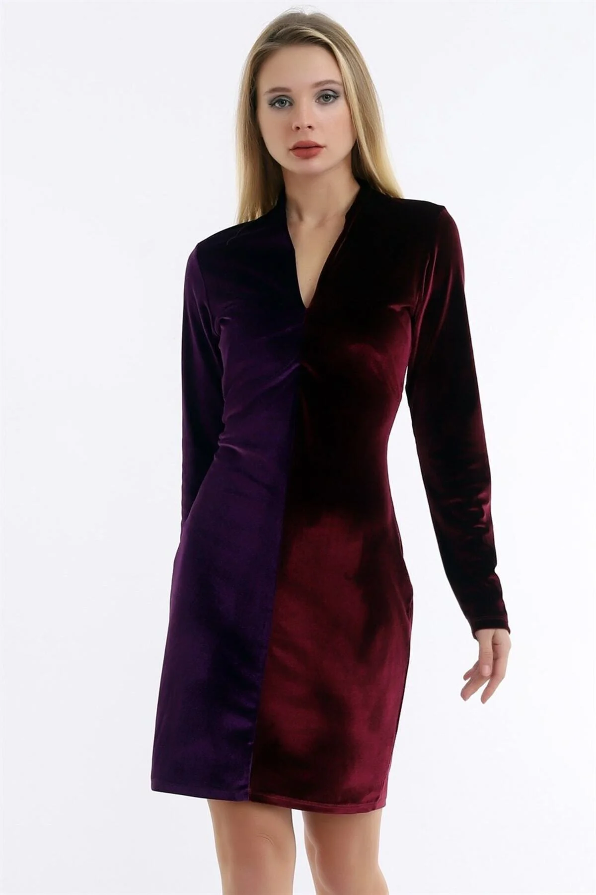 V Yaka Uzun Kol Bedene Oturan Şık Rahat Ve Seksi Yumuşak Kadife E