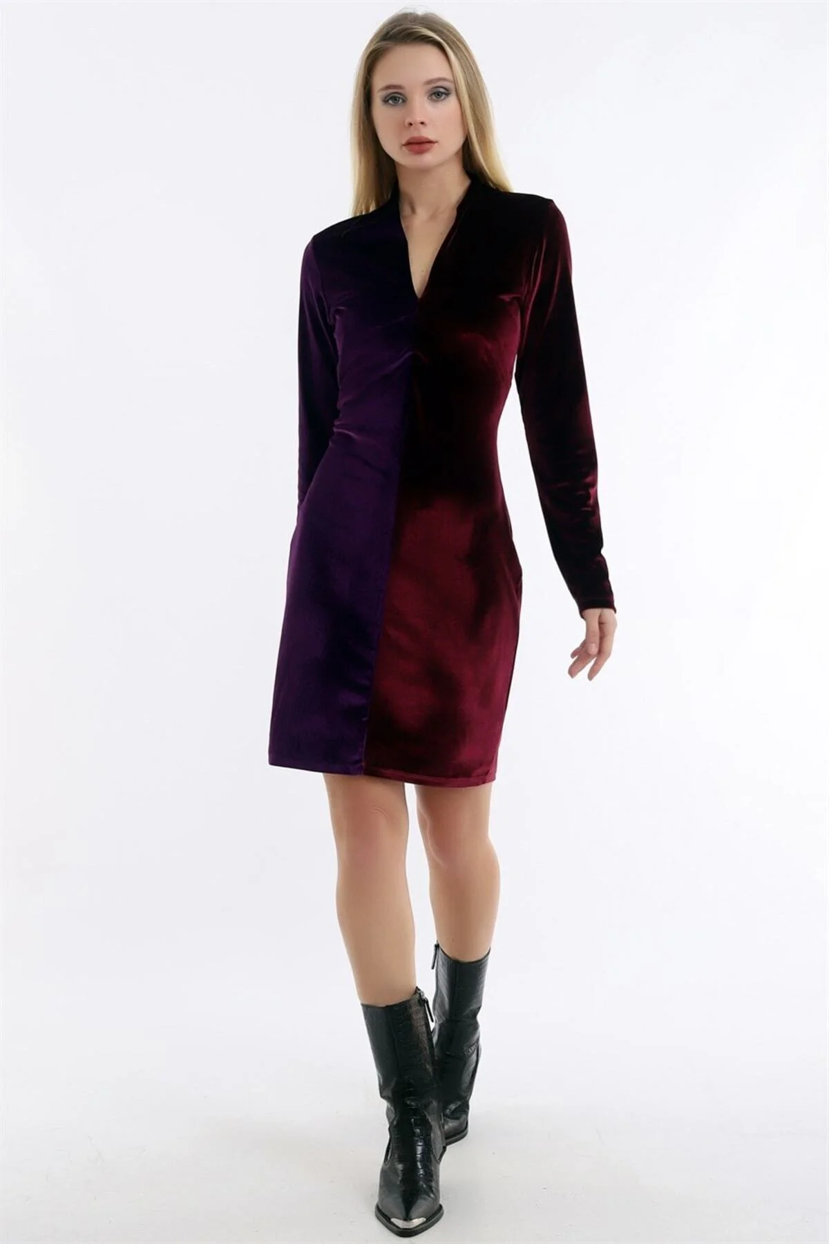 V Yaka Uzun Kol Bedene Oturan Şık Rahat Ve Seksi Yumuşak Kadife E