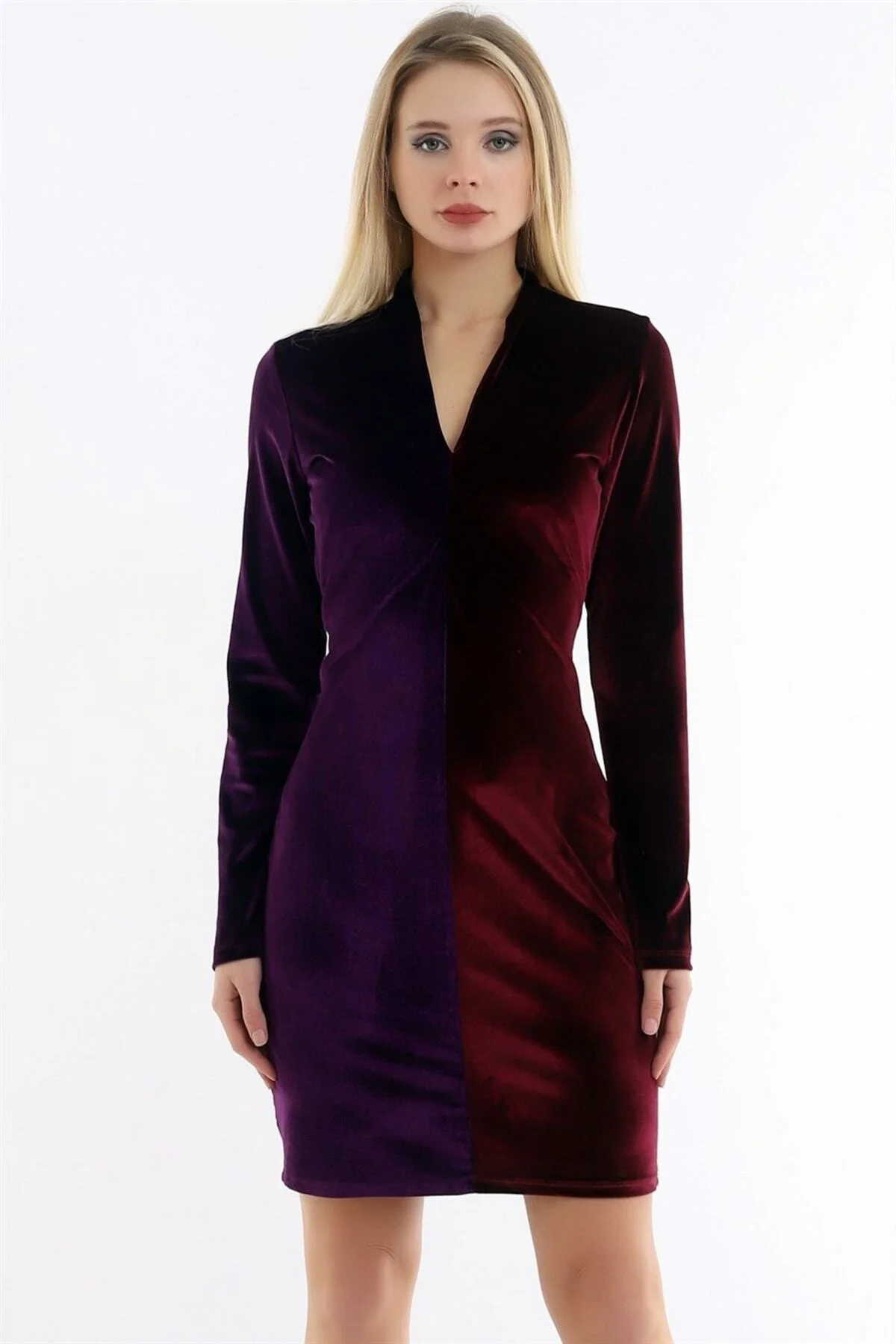 V Yaka Uzun Kol Bedene Oturan Şık Rahat Ve Seksi Yumuşak Kadife E