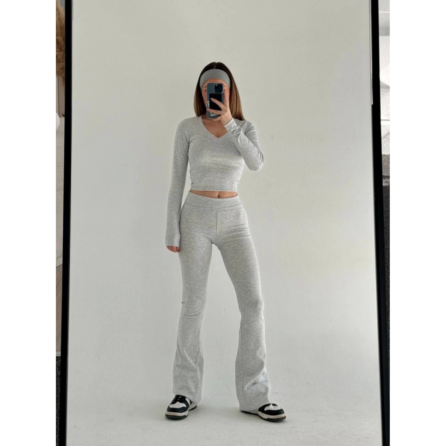 V Yaka Uzun Kollu Bluz İspanyol Paçalı Tayt İkili Takım - Gri