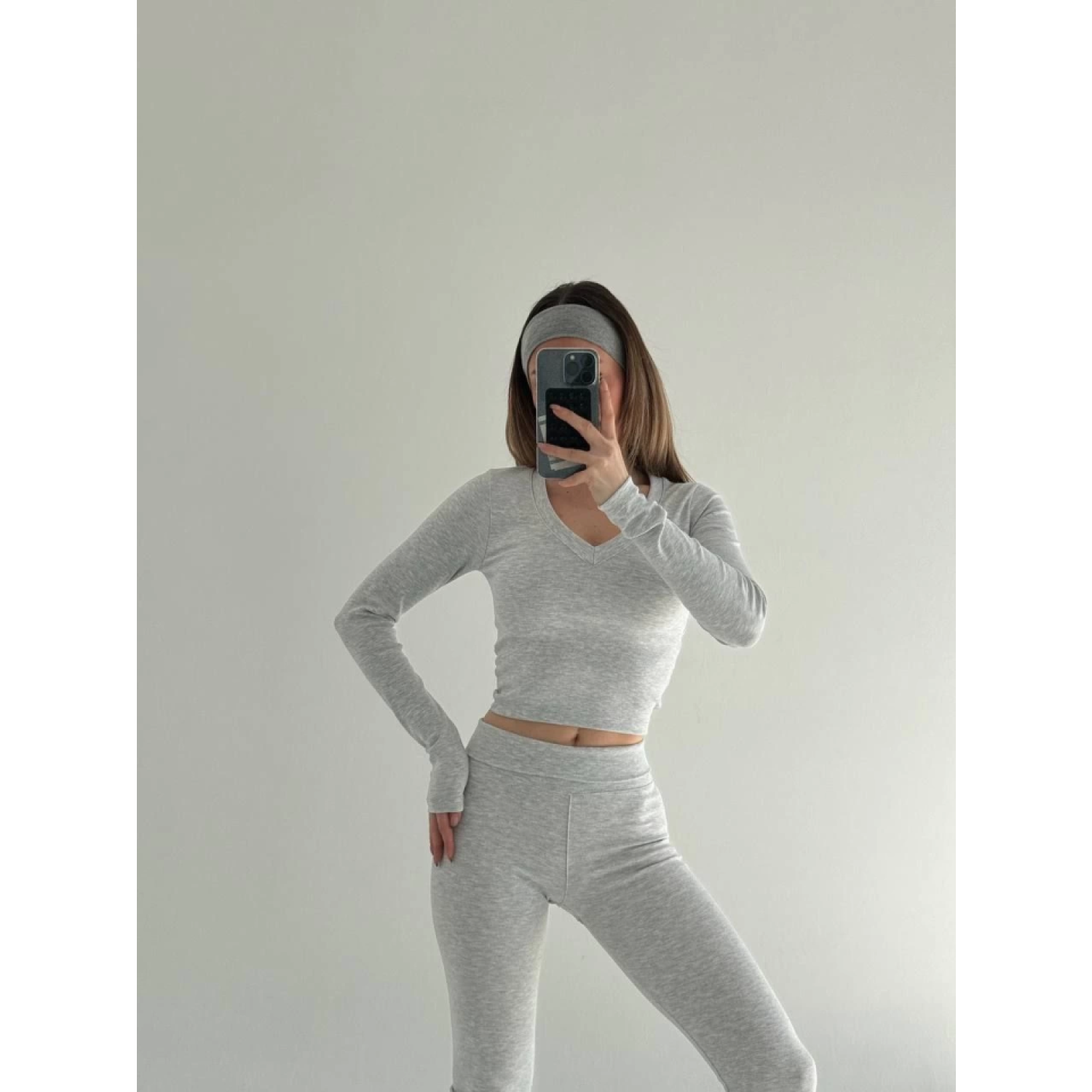 V Yaka Uzun Kollu Bluz İspanyol Paçalı Tayt İkili Takım - Gri