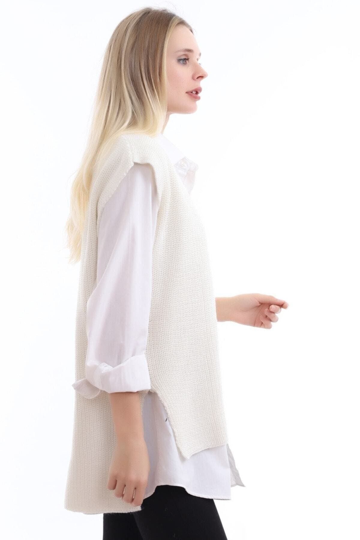 Eliz Fashion V Yaka Yırtmaçlı Triko Süveter