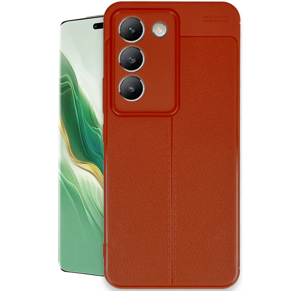 V30 Lite 4G Kılıf - Auto Focus Kırmızı Deri Dokulu Kamera Kapak Koruma