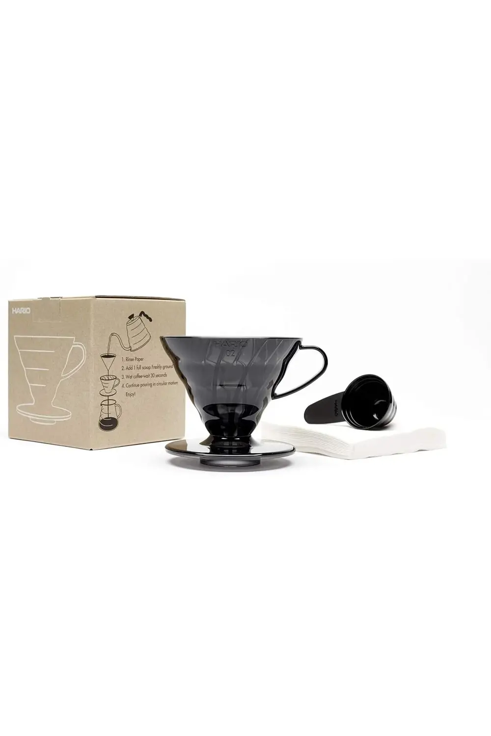 V60 02 Plastik Dripper ve 40’lı Filtre Kağıdı Seti, Siyah Şeffaf