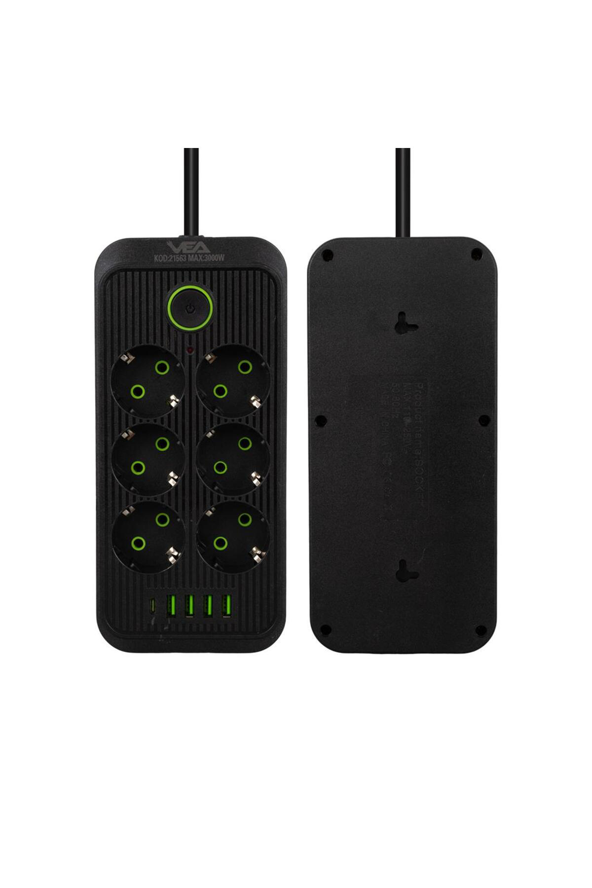 VA-21563 6'LI 1.5 METRE KABLOLU TYPE-C'Lİ 4 USB'Lİ SİYAH AKIM KOR