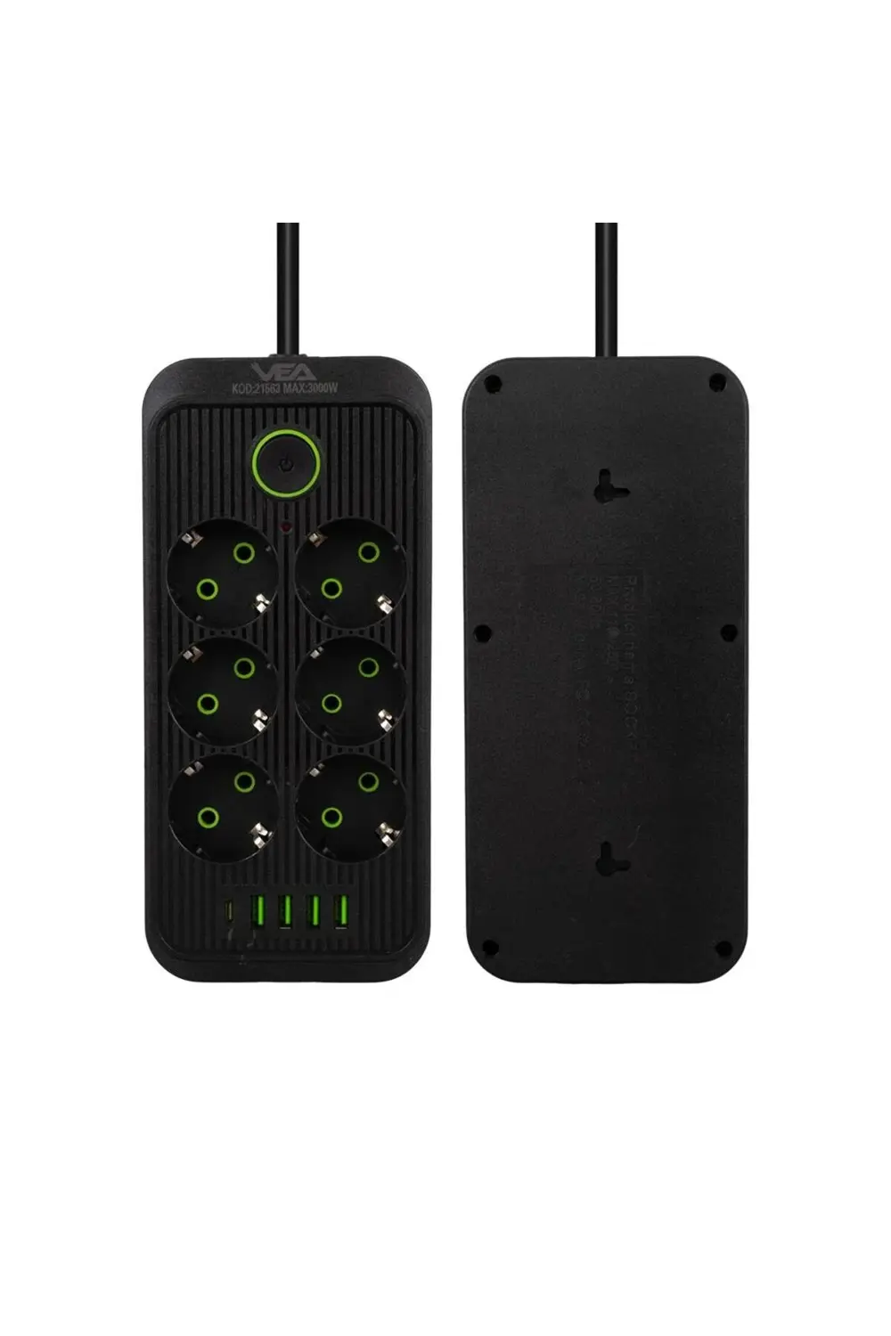 VA-21563 6'LI 1.5 METRE KABLOLU TYPE-C'Lİ 4 USB'Lİ SİYAH AKIM KOR