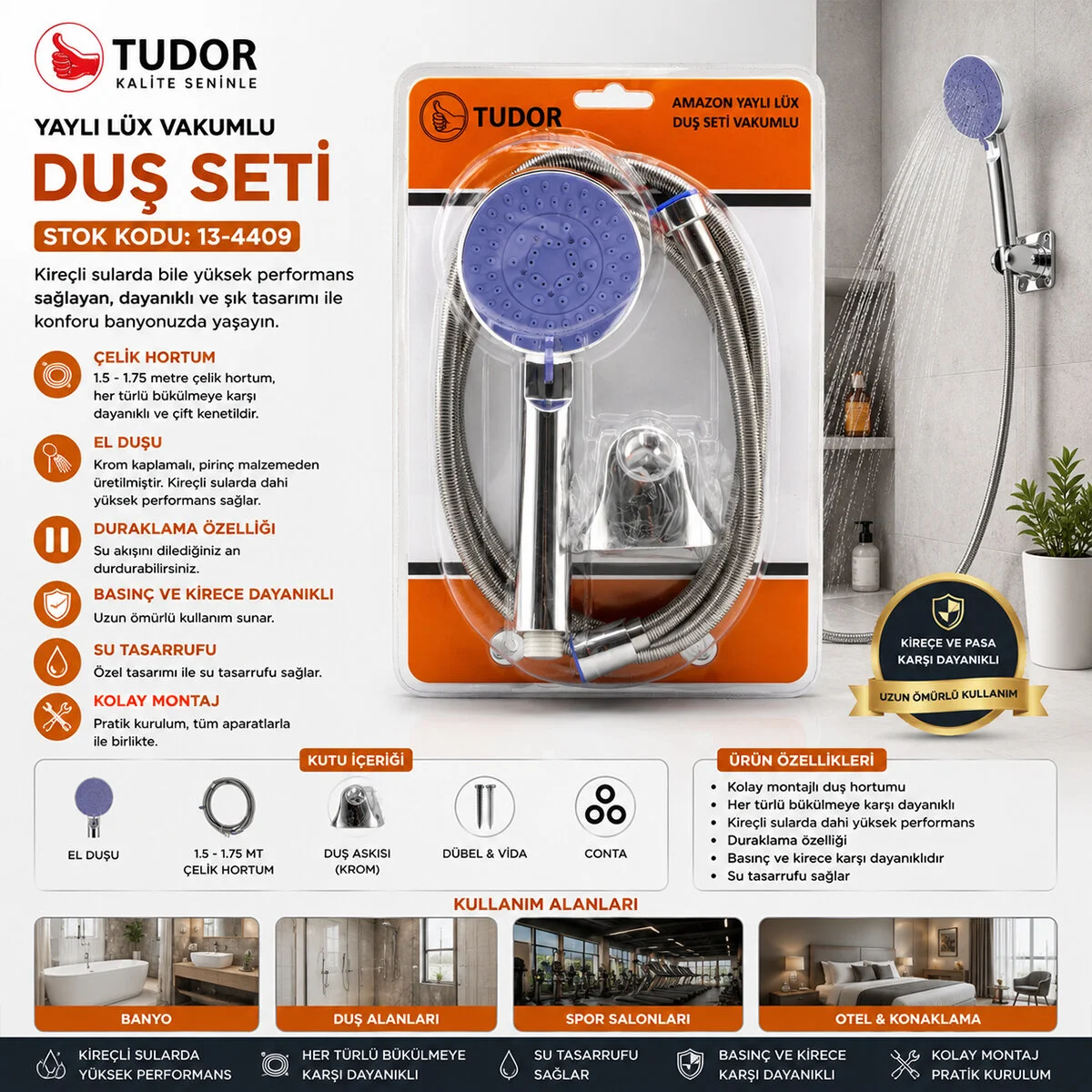 Vakumlu - Krom Lüks Duş Seti Metal Yaylı HORTUM=150CM Mafsal