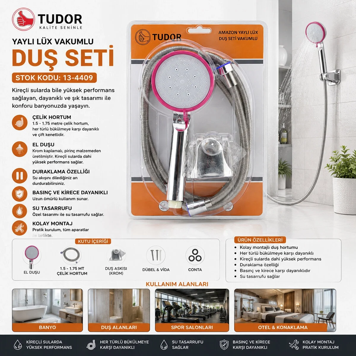Vakumlu - Krom Lüks Duş Seti Metal Yaylı Hortum=150cm Mafsal Bx40 Fiyatı, Yorumları ve Özellikleri