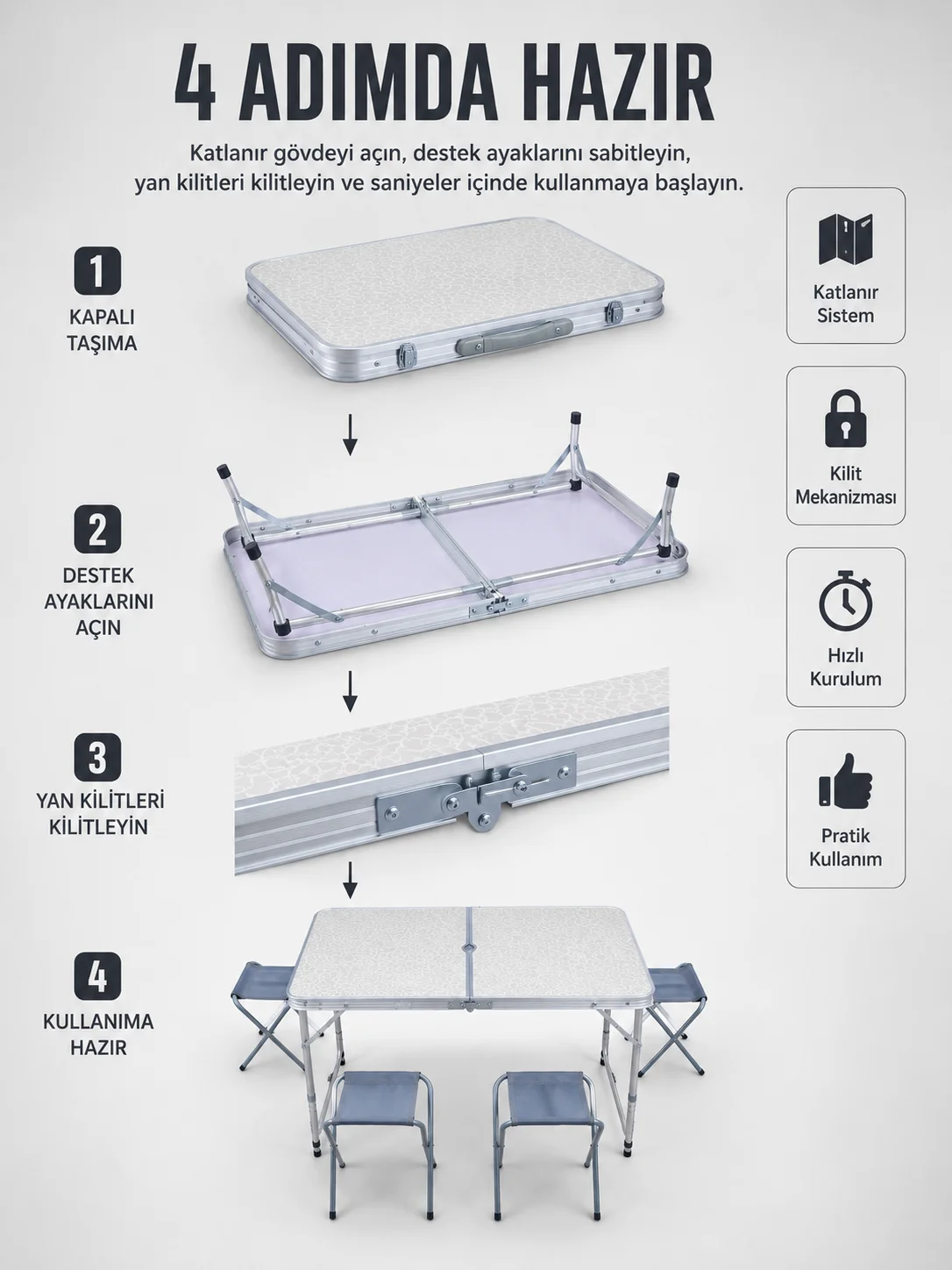 Valiz Tipi Katlanabilir Piknik Masası 4 Tabureli Taşınabilir Kamp Masası