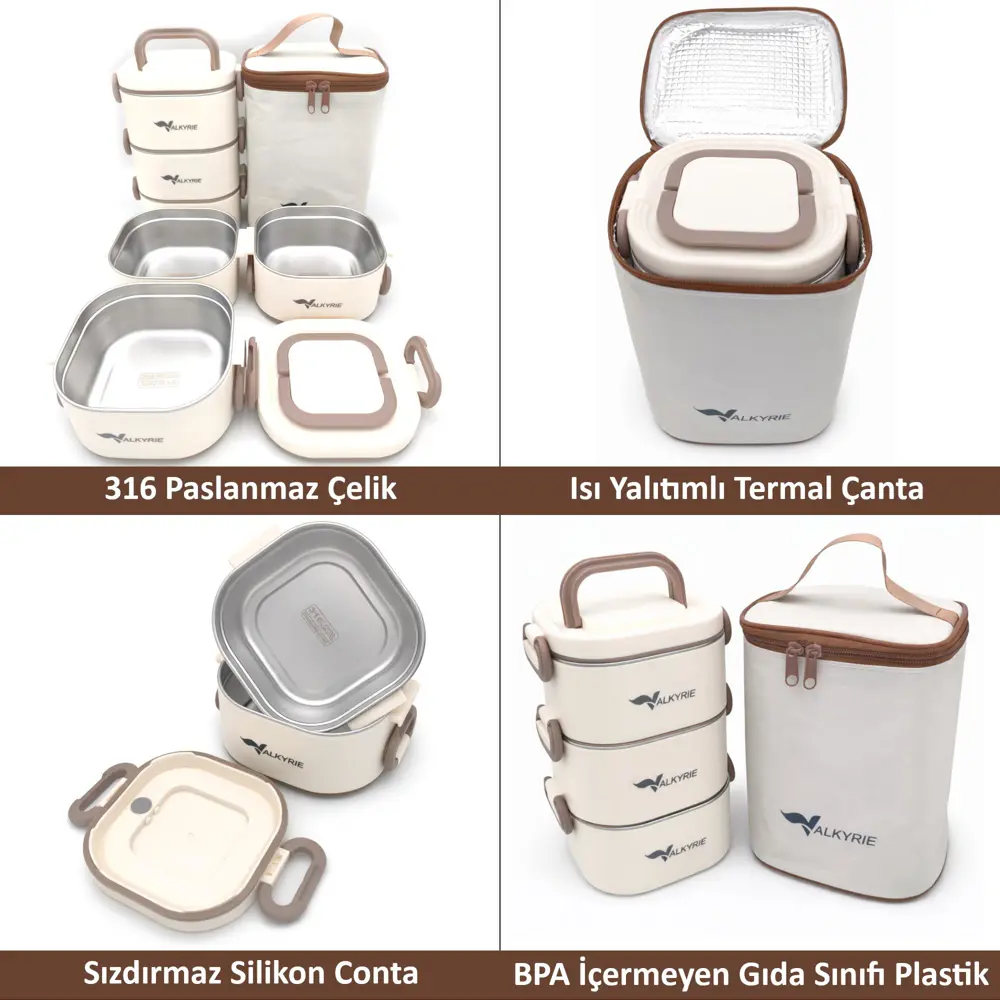 Valkyrie 1950 ML 3 Katlı Paslanmaz Çelik Yemek Kabı – Termal Çant