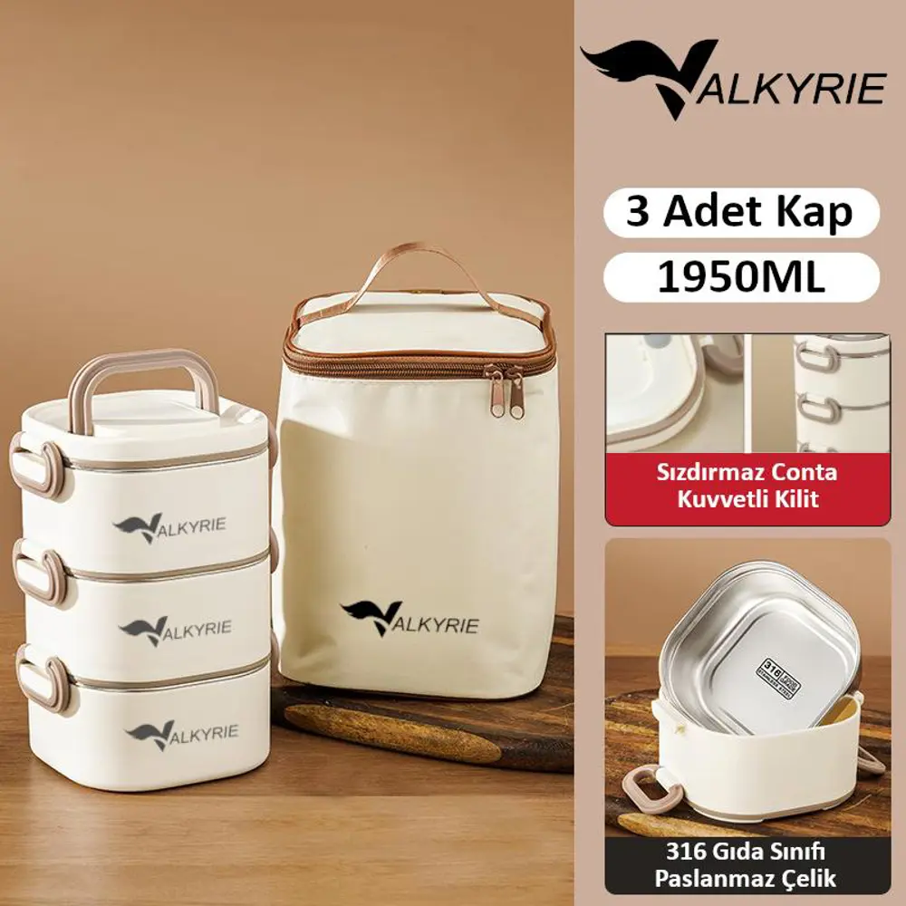 Valkyrie 1950 ML 3 Katlı Paslanmaz Çelik Yemek Kabı – Termal Çant