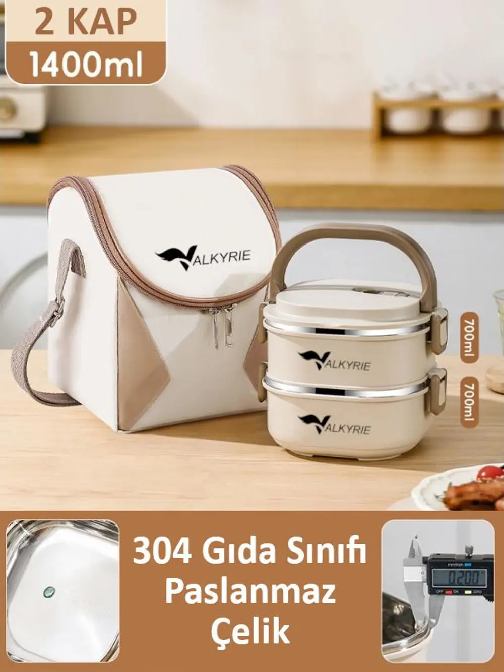 Valkyrie 2 Katlı Yemek Kabı 1400 ml – Termal Çantalı Lunch Box, 3
