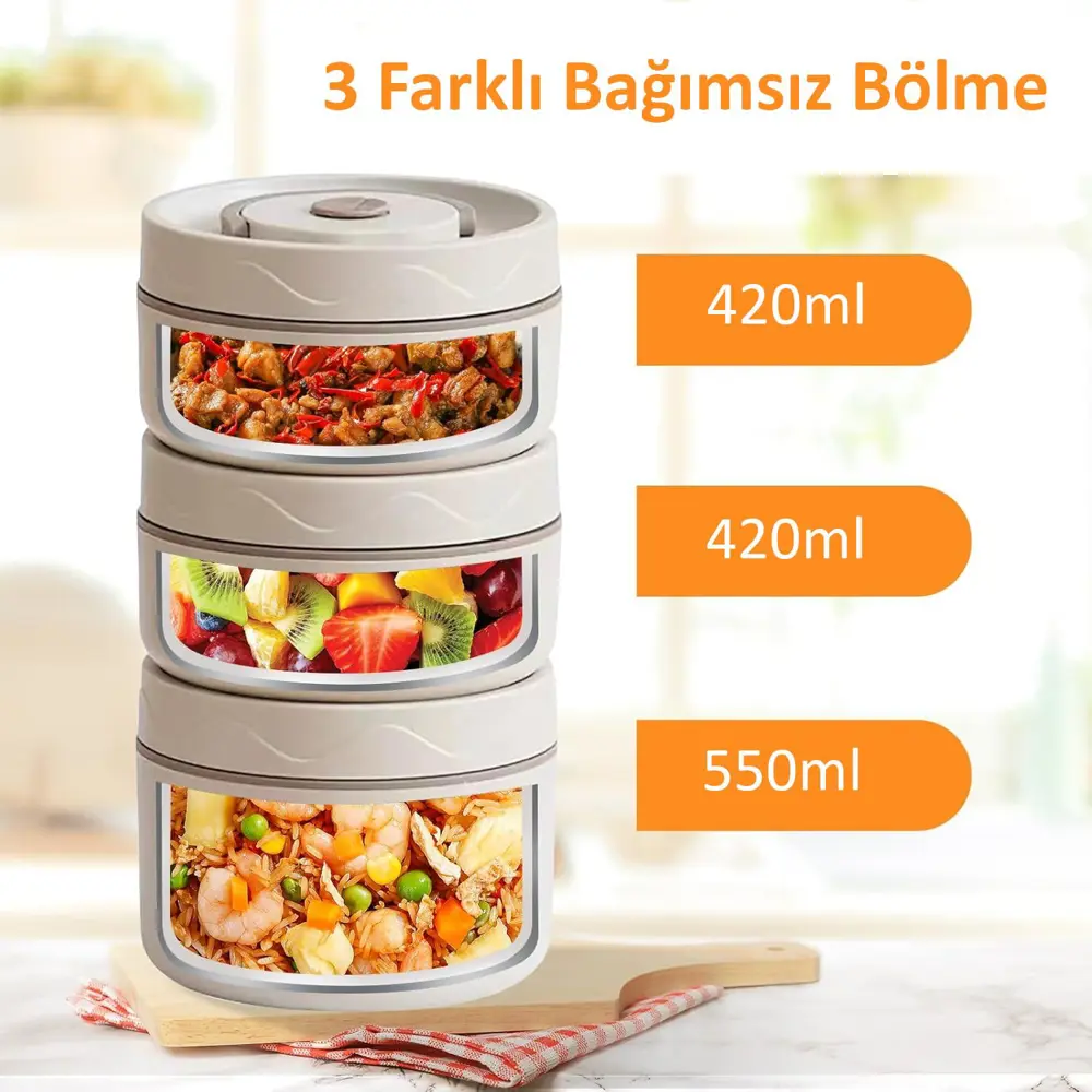 Valkyrie 3 Gözlü Paslanmaz Çelik Isı Yalıtımlı Yemek Kabı + Çatal