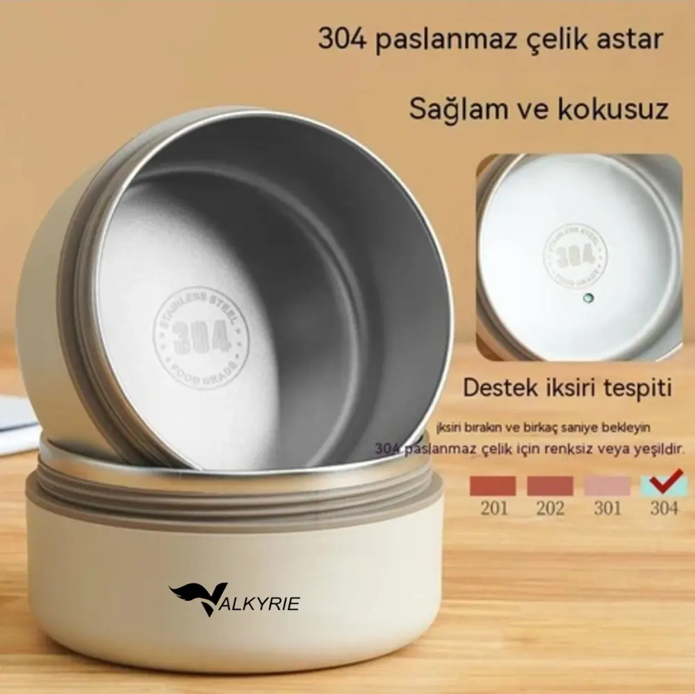 Valkyrie 3 Gözlü Paslanmaz Çelik Isı Yalıtımlı Yemek Kabı + Çatal