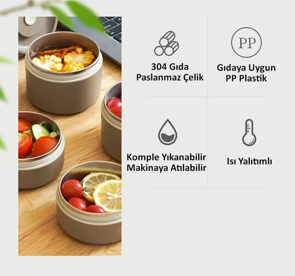 Valkyrie 3 Gözlü Paslanmaz Çelik Isı Yalıtımlı Yemek Kabı + Çatal