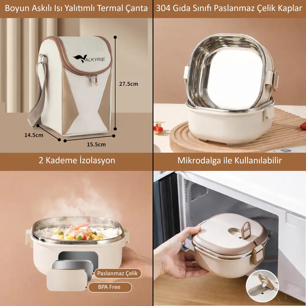 Valkyrie 3 Katlı Yemek Kabı 2100 ml – Termal Çantalı Lunch Box, 3