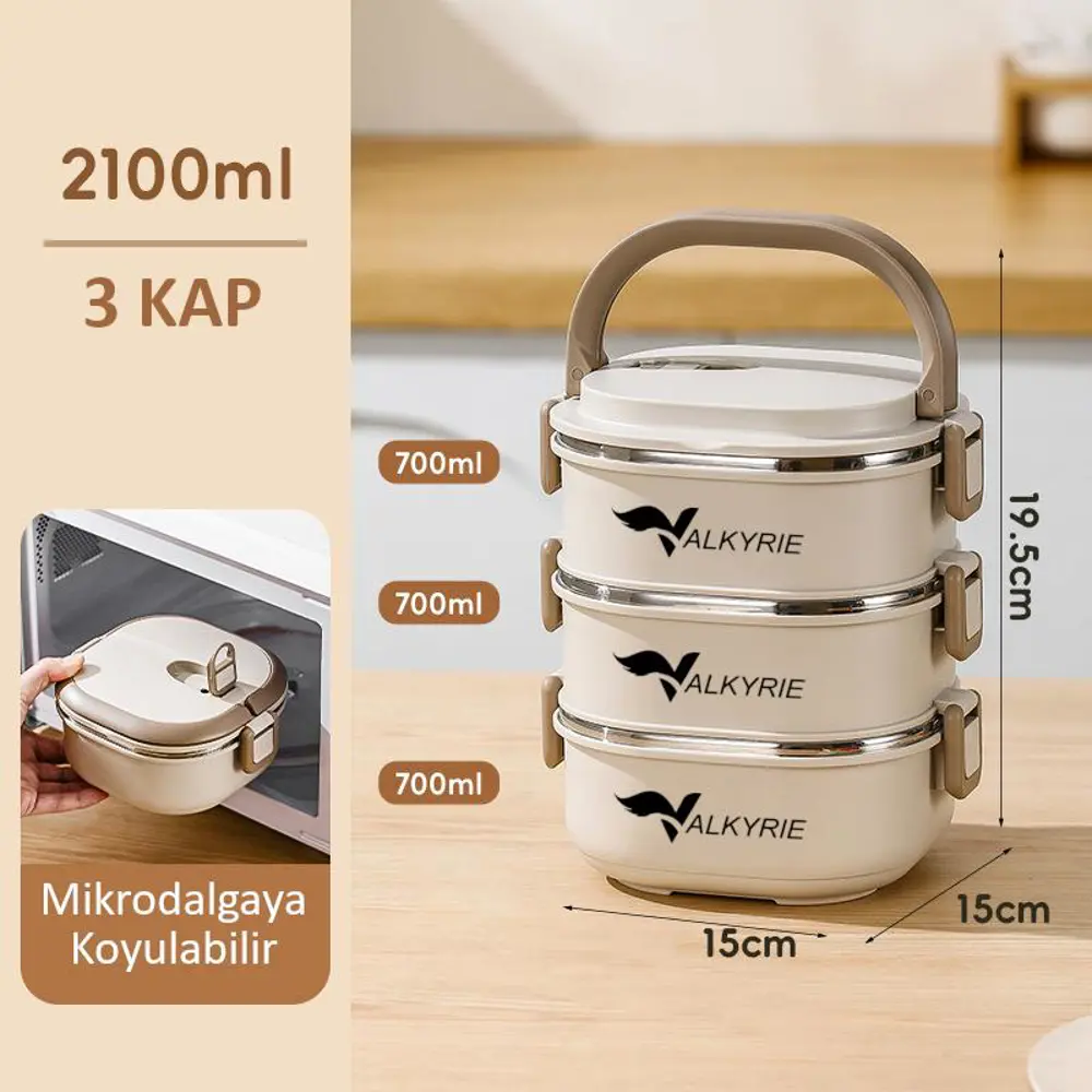 Valkyrie 3 Katlı Yemek Kabı 2100 ml – Termal Çantalı Lunch Box, 3