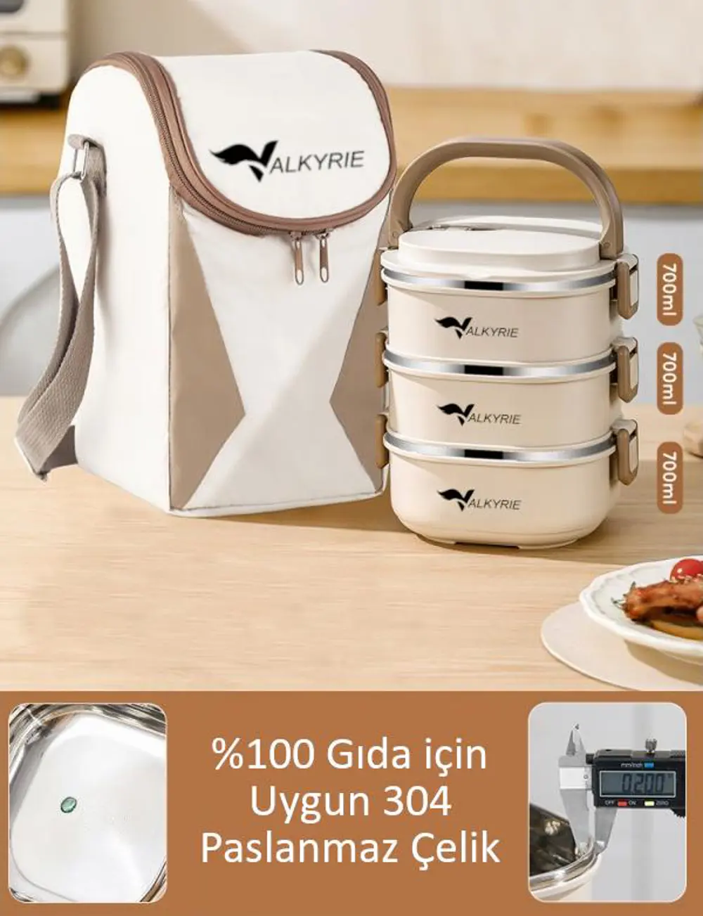 Valkyrie 3 Katlı Yemek Kabı 2100 ml – Termal Çantalı Lunch Box, 3