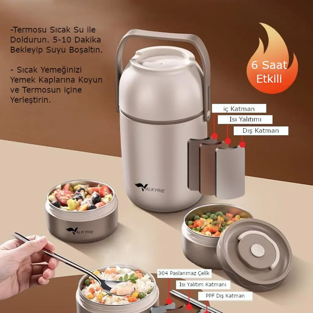 Valkyrie 3 Katmanlı Isı Yalıtımlı Termos Yemek Kabı Seti – 304 Pa