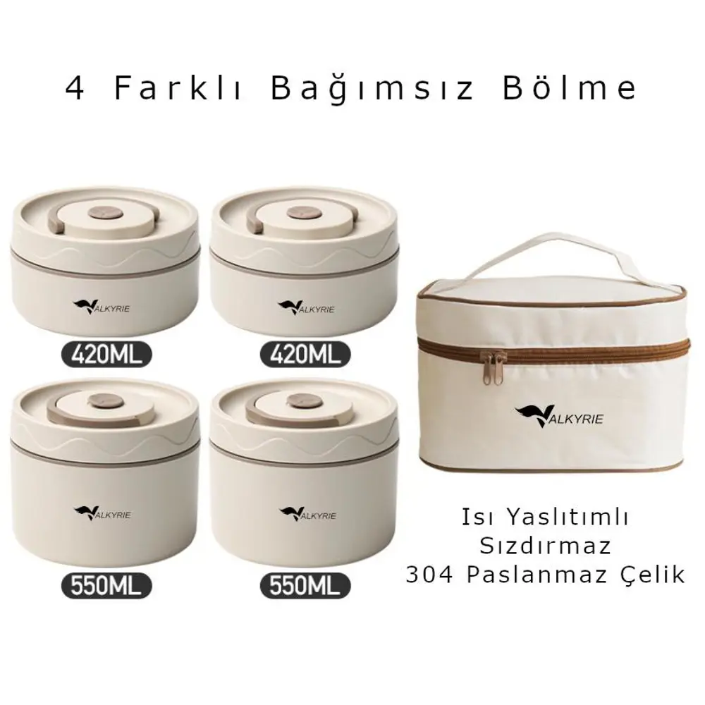 Valkyrie 4 Gözlü Paslanmaz Çelik Isı Yalıtımlı Yemek Kabı Seti Ça
