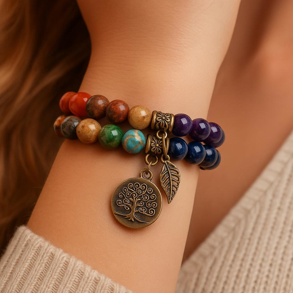 Valkyrie 7 Çakra Doğal Taş Bileklik – Yaşam Ağacı & Yaprak Charm, Valkyrie 7 Çakra Doğal Taş Bileklik – Yaşam Ağacı & Yaprak Charm,