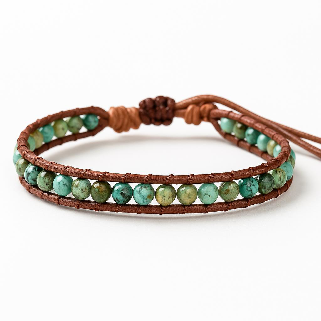 Valkyrie Bohem Tarz Doğal Taşlı El Yapımı Deri Bileklik Yeşil Jas