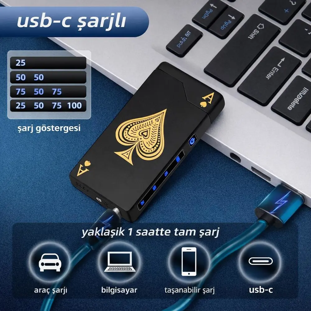 Valkyrie Maça As | USB-C Şarjlı Elektrikli Çakmak | Çift Ark Plaz