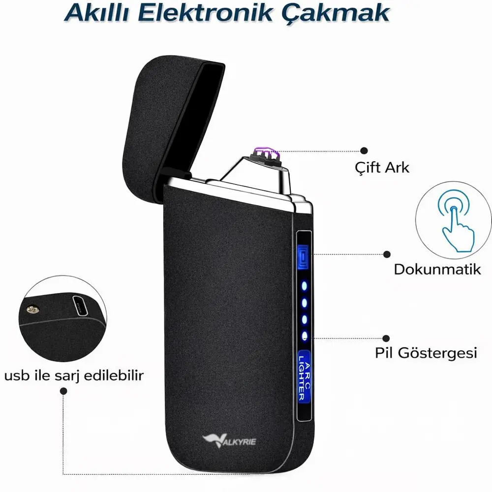 Valkyrie Şarjlı Gazsız Dokunmatik USB Çakmak Plazma Mat Siyah