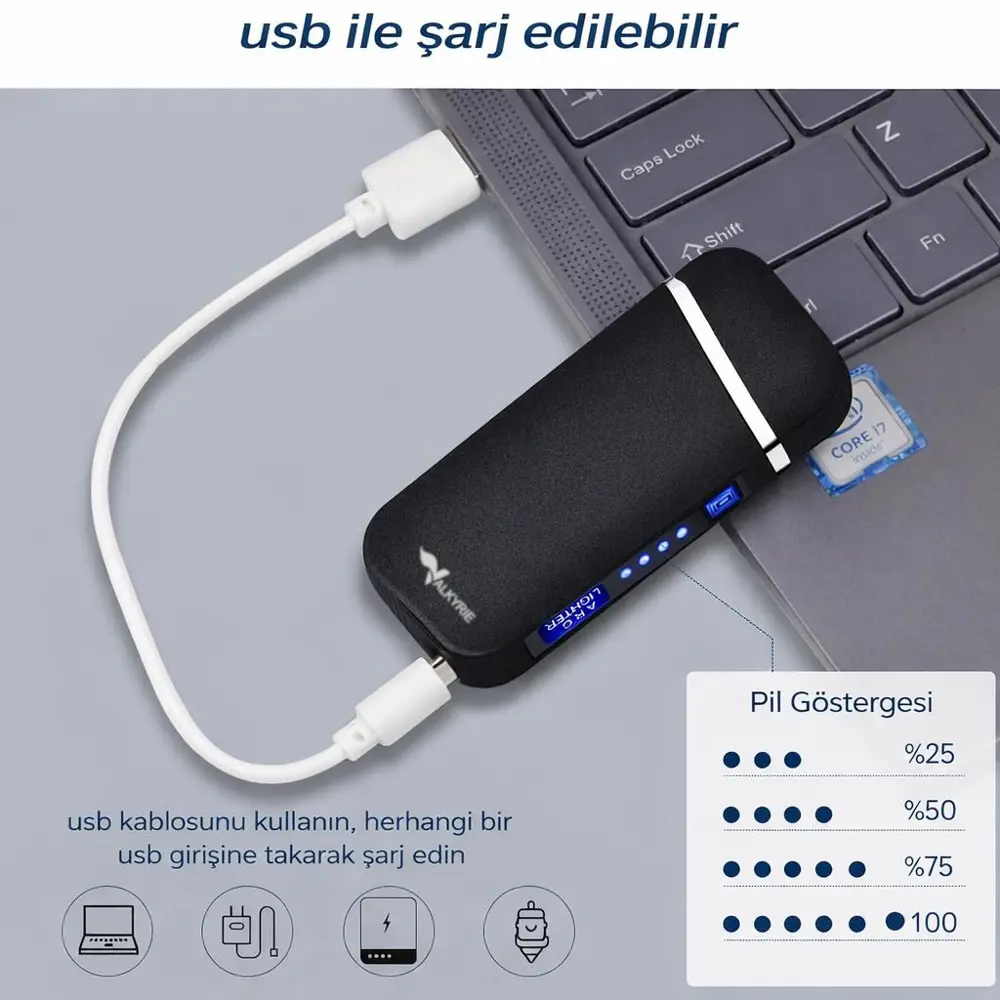 Valkyrie Şarjlı Gazsız Dokunmatik USB Çakmak Plazma Mat Siyah