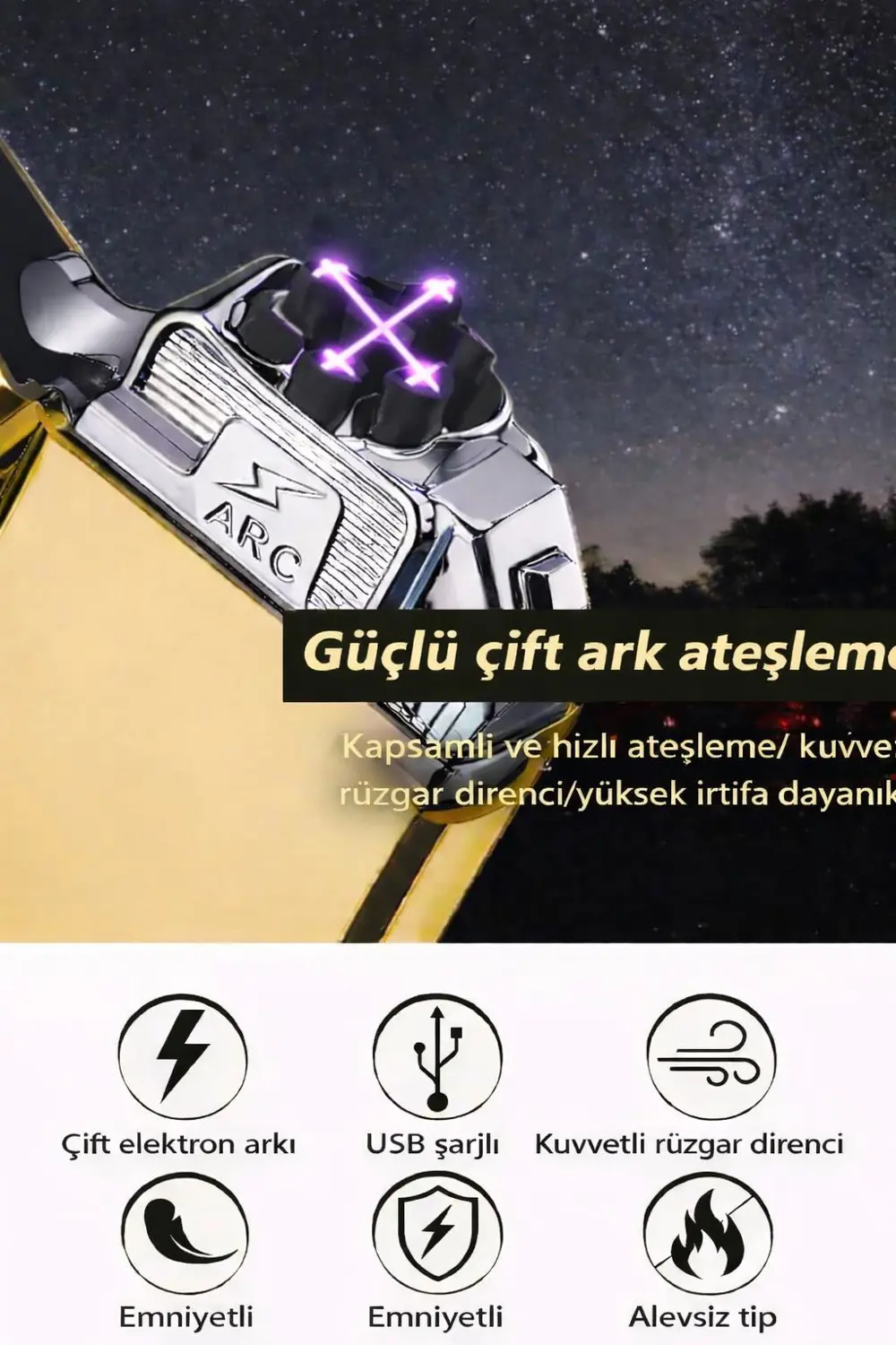 Valkyrie USB Şarjlı Elektronik Çakmak | 4 Elektrotlu X Tip Mor Ar