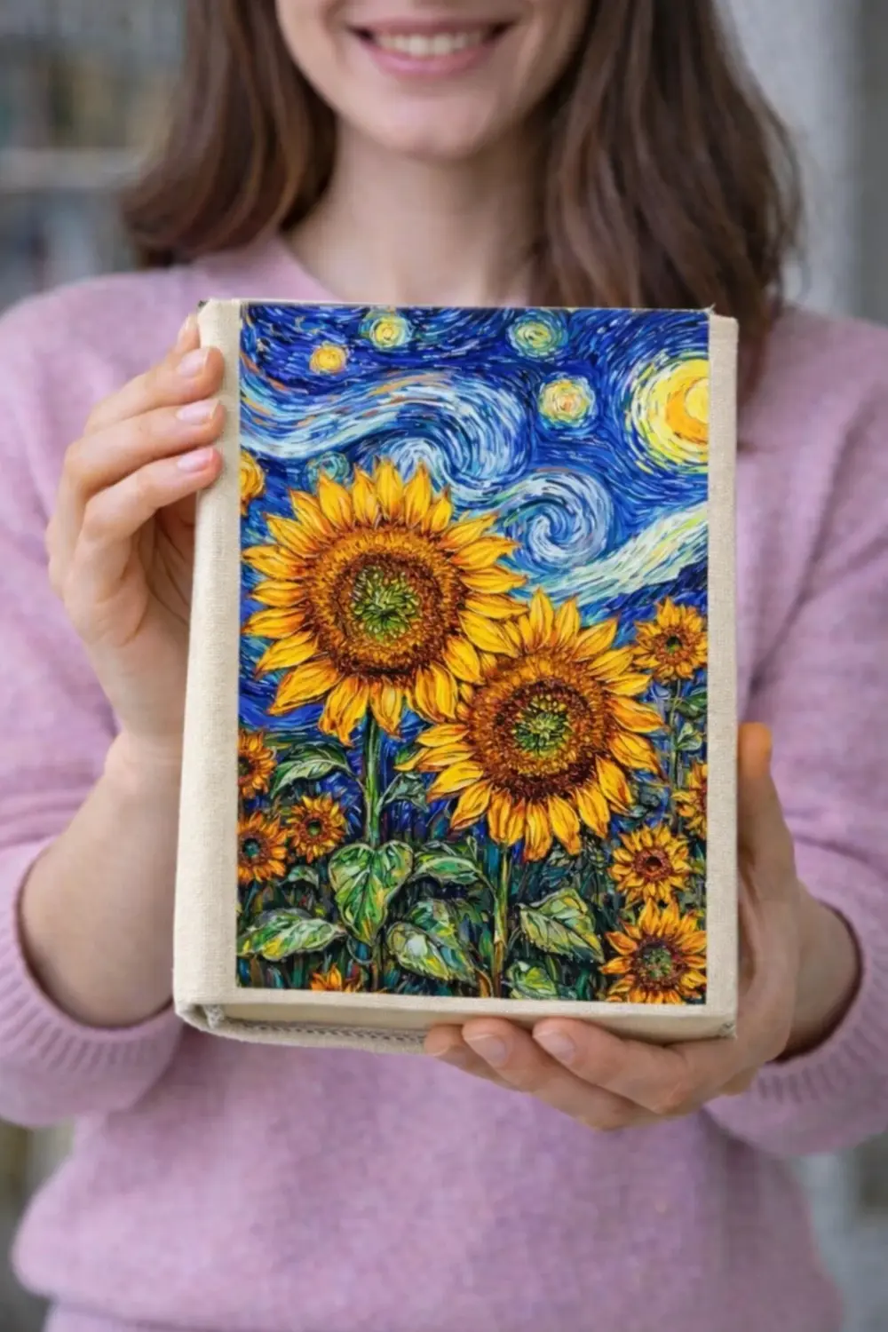 Van Gogh Ayçiçeği Desenli Bez Kitap Kılıfı – Baskılı Kumaş Kitap
