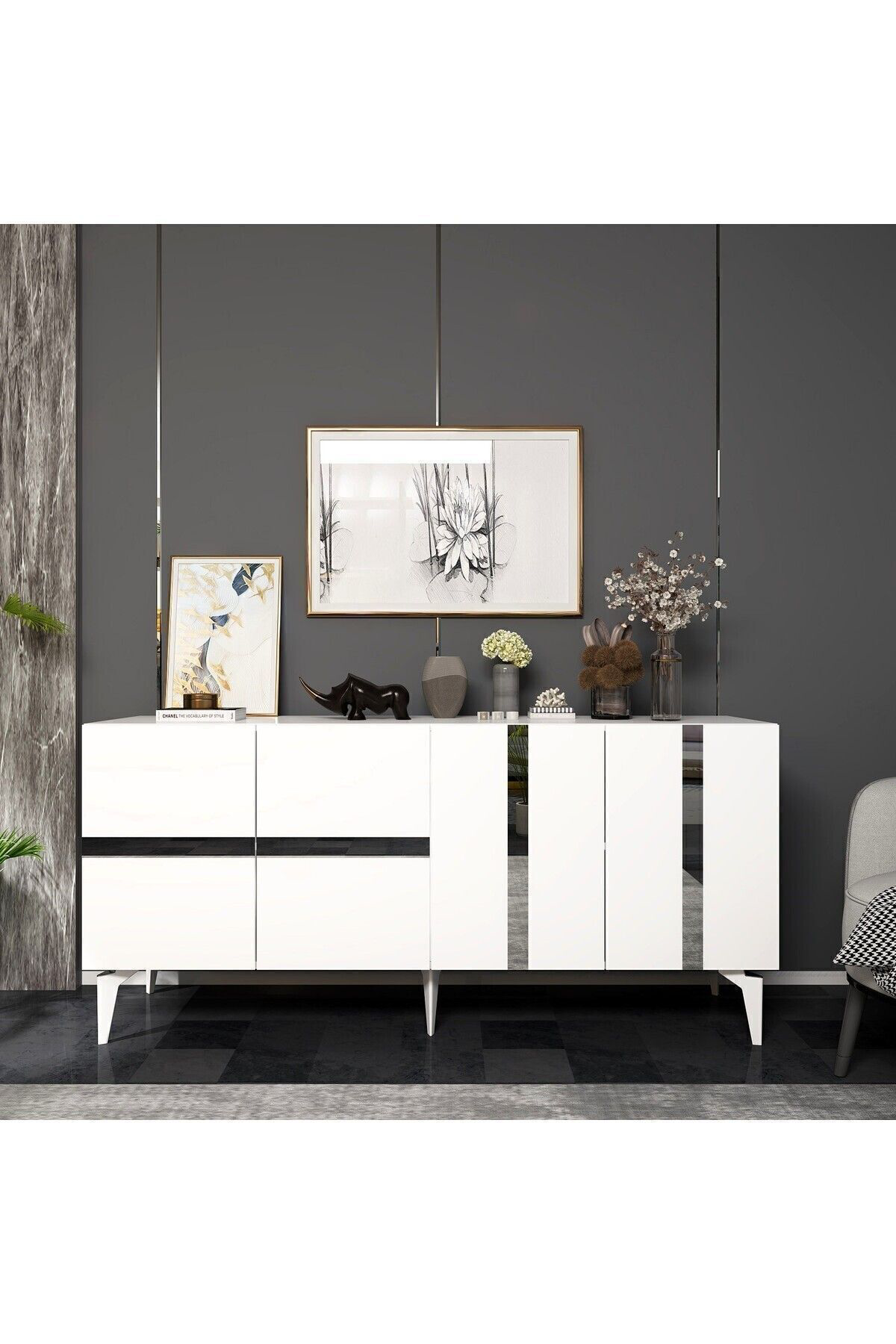 Cantek Dizayn Vaniact Konsol 4 Kapaklı Beyaz-Gümüş