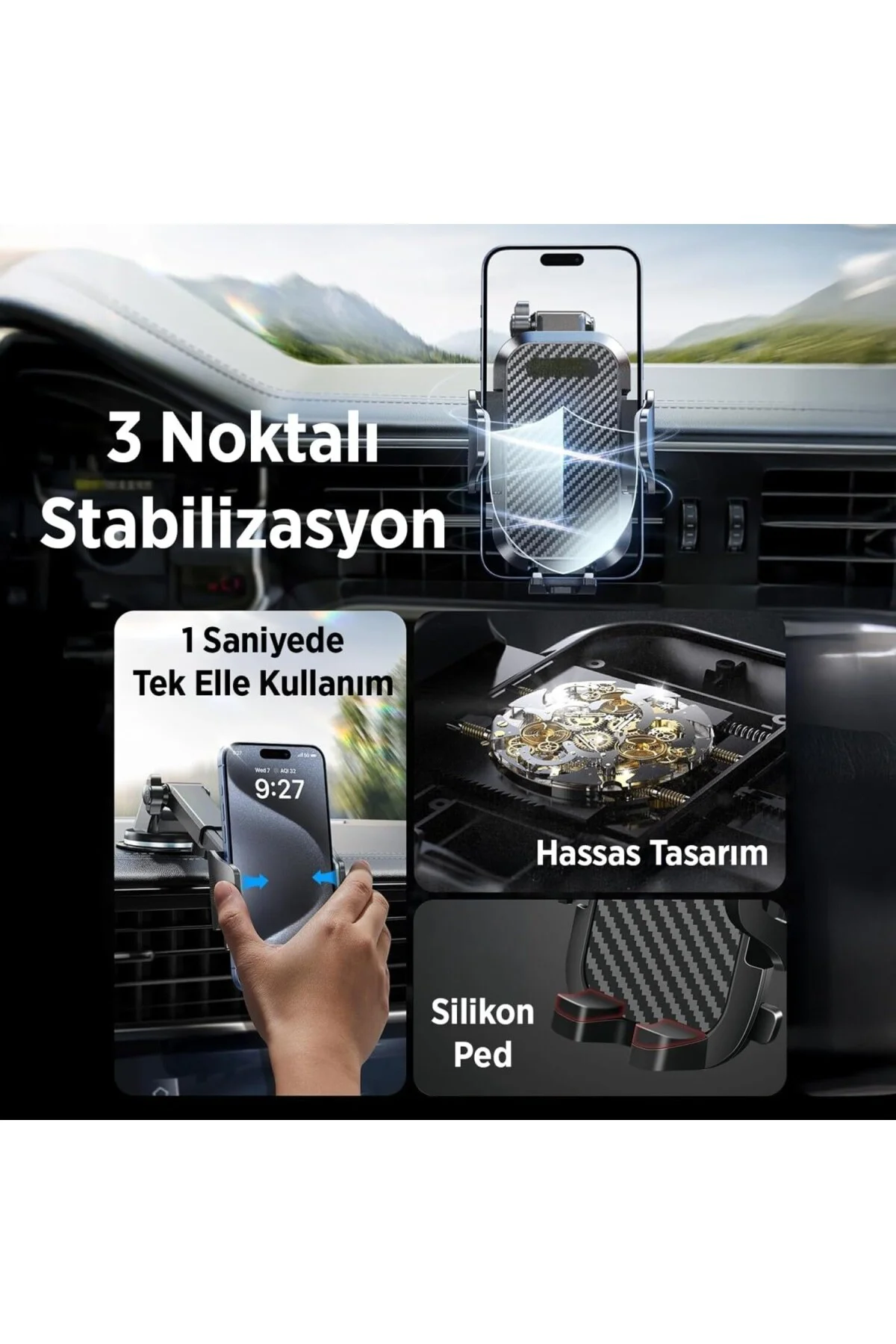 Vantuzlu Uzayan Cam ve Torpido için Ayarlanabilir Araç içi Telefo