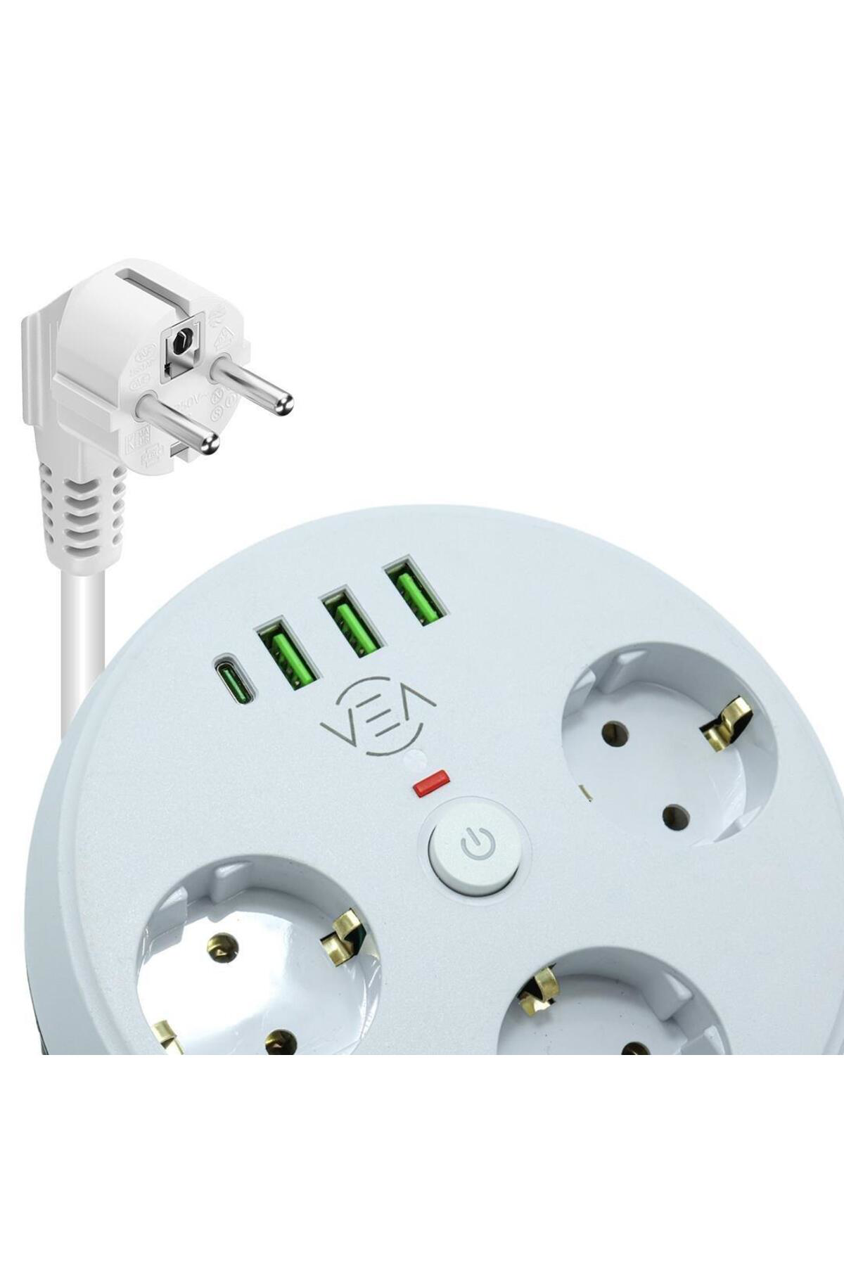 VE-26583 3'LÜ 1.5 Metre Kablolu 3 USB / TYPE-C Girişli Akım Korum