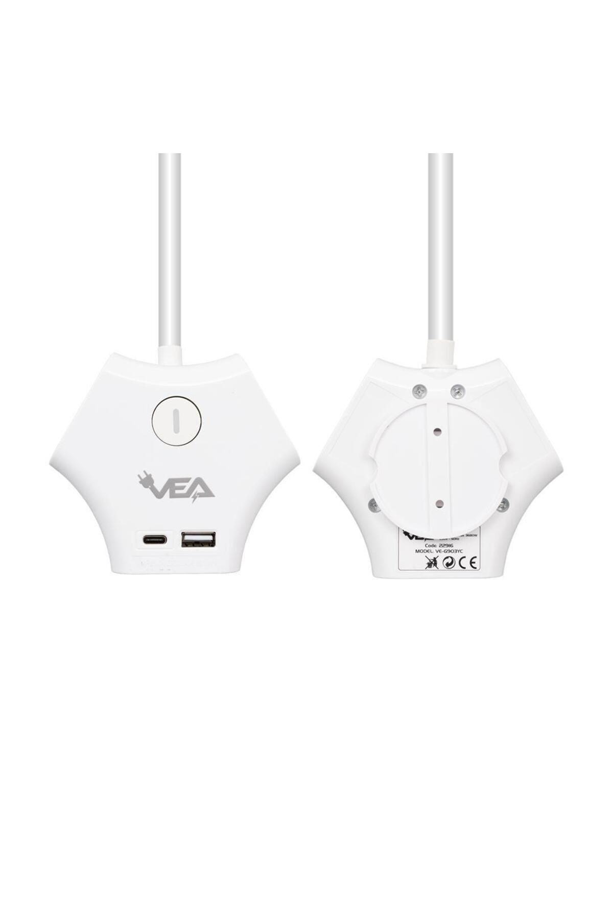 VE-G903YC 3'lü USB+ Type-C Girişli Anahtarlı 1.5 Metre Grup Priz