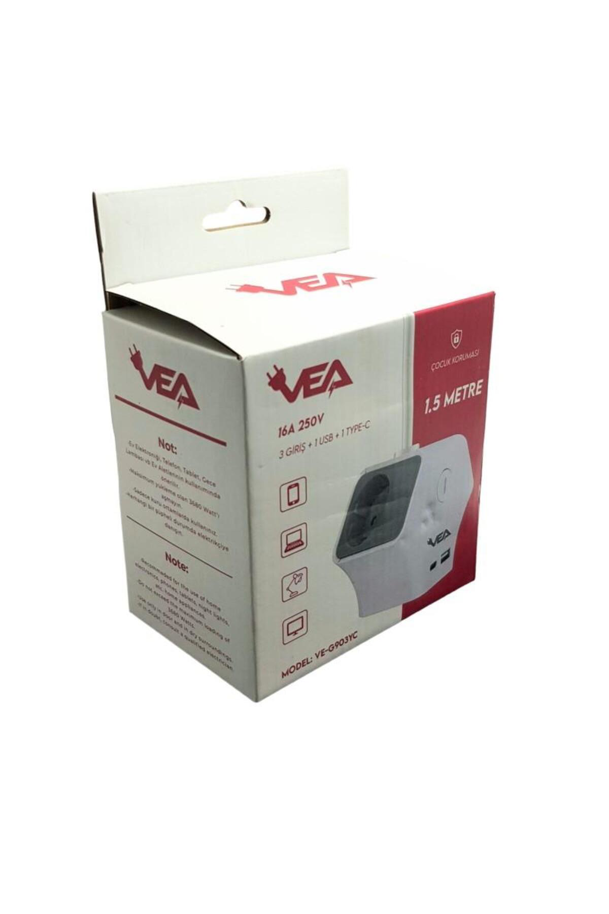 VE-G903YC 3'lü USB+ Type-C Girişli Anahtarlı 1.5 Metre Grup Priz